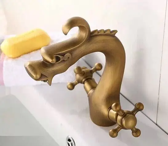 Double handle Antique gold basin tap with dragon spout solid brass bathroom basin sink faucet price in india