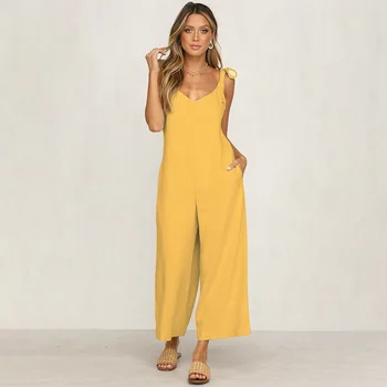 

Solid Colour strap jumpsuit Wide Leg Pants V Neck Sleeveless Bodysuits 2019 Backless Loose Summer beach Pockets playsuit Holiday