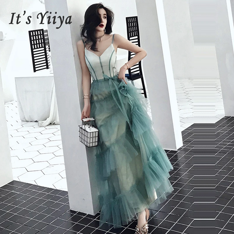 

It's Yiiya Prom Dress V-neck Vestidos De Gala Tiered Women Party Night Dresses 2019 Plus Size Sleeveless Elegant Prom Gowns E682