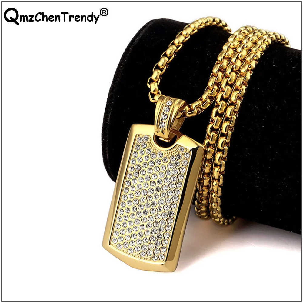 

Stainless Steel Hipster Jewelry Rhinestones Dog Tag Pendants Necklace For Mens Women Punk Hip Hop Jewelry
