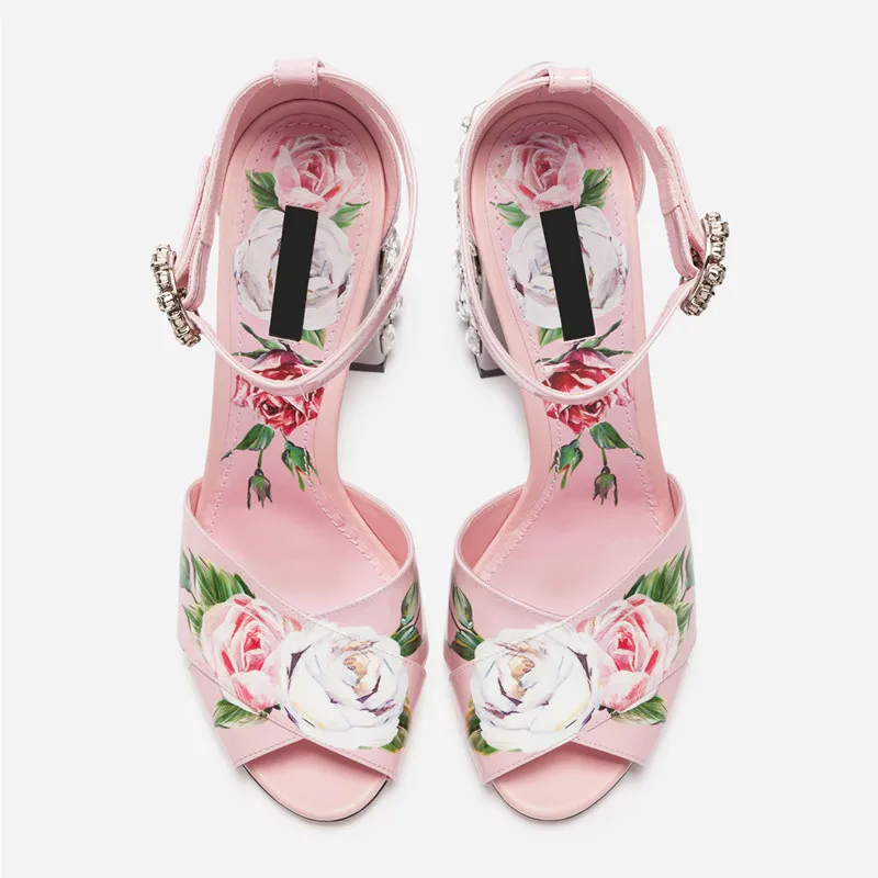 Sandalias À Cuir Bride Femmes Mujer Cristal Fleur Cheville As Embelli D'été 2018 En Pic Hauts Imprimer La Sandales Rose Gladiateur Chaussures Talons qqr8zwO