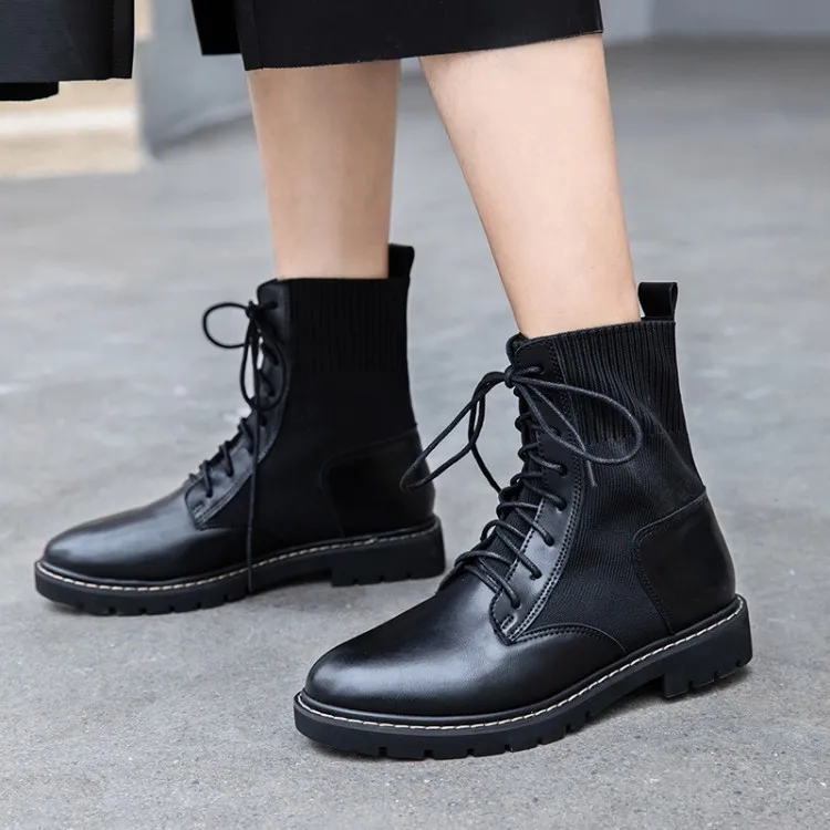 

MLJUESE 2020 women ankle boots cow leather winter short plush lace up black color round toe women riding boots party wedding