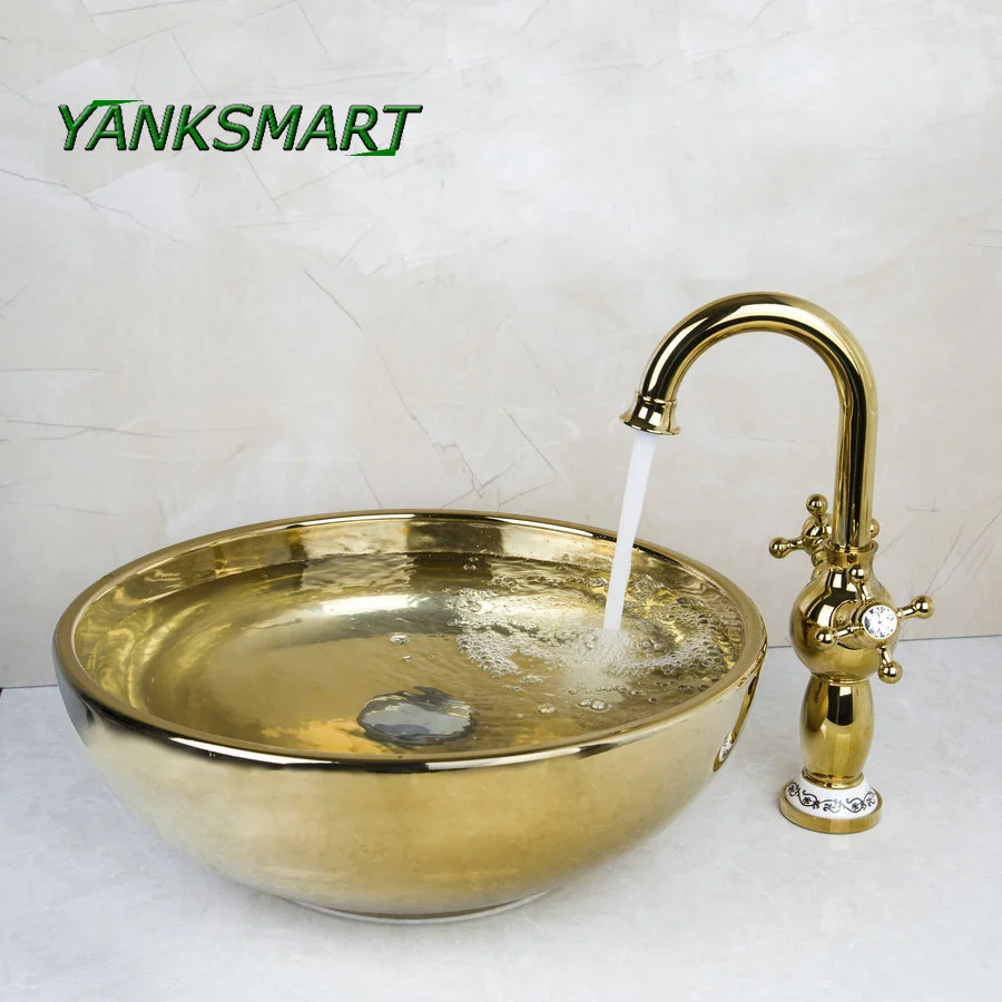 

YANKSMART Lavatory Bathroom Double Handle Golden Swivel Tap Washbasin Luxury ceramic Sink Set Bath Brass Mixer Faucet