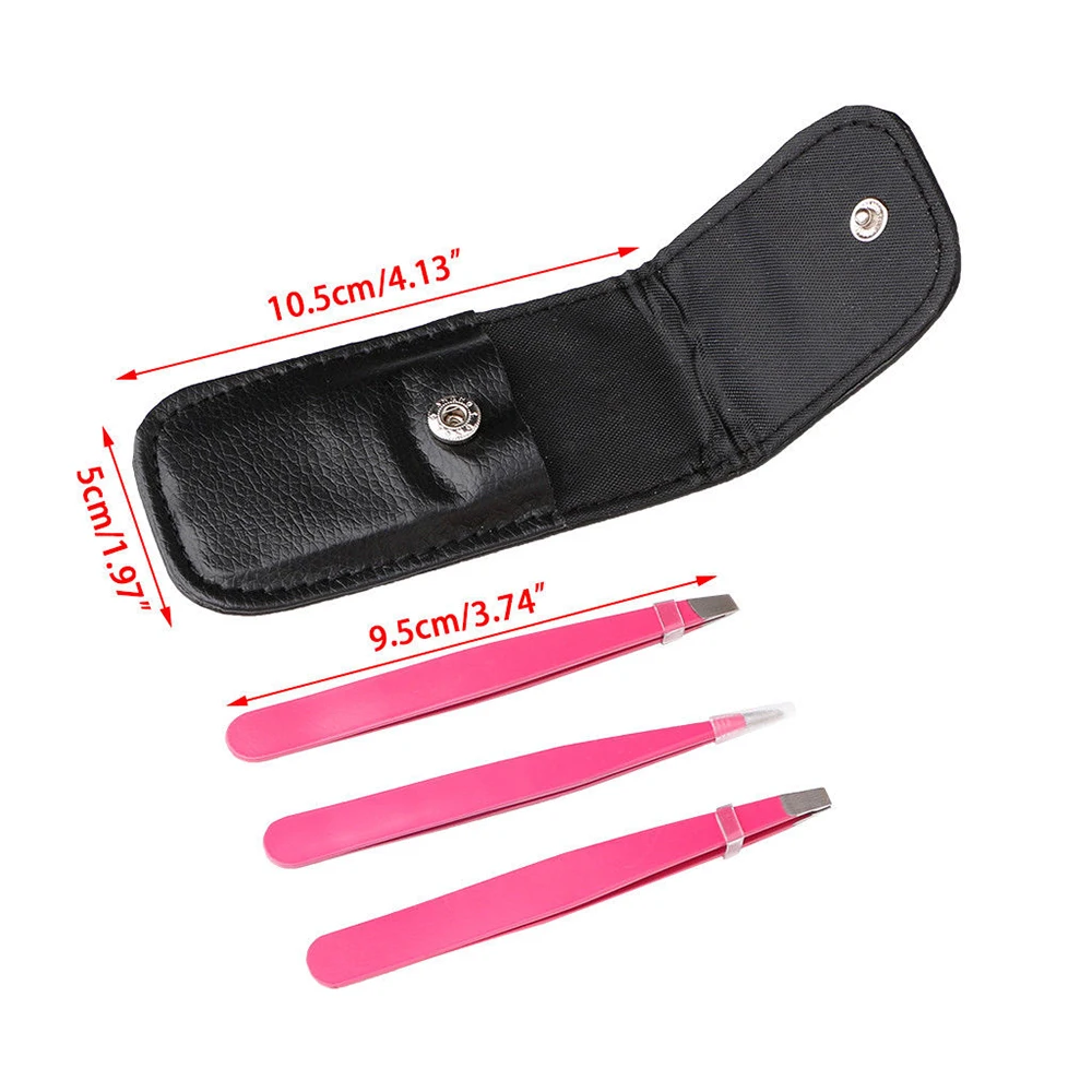 3Pcs/set Eyebrow Tweezers Stainless Steel Point Tip/Slant Tip/Flat Tip Hair Removal Makeup Tools Accessory with Bag Case