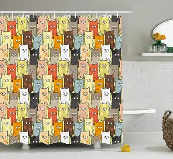 

Cats Shower Curtain Funny Cute Colorful Graphic Kittens Cartoon Style Boys Girls Kids Playroom Nursery Fabric Bathroom Decor Set