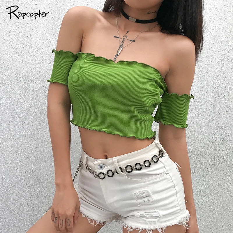 

Rapcopter Womens Bodycon Casual Short Sleeve Off Shoulder Streetwear T-shirts Summer Tee Shirt Femme Sexy Cropped T Shirt 2019