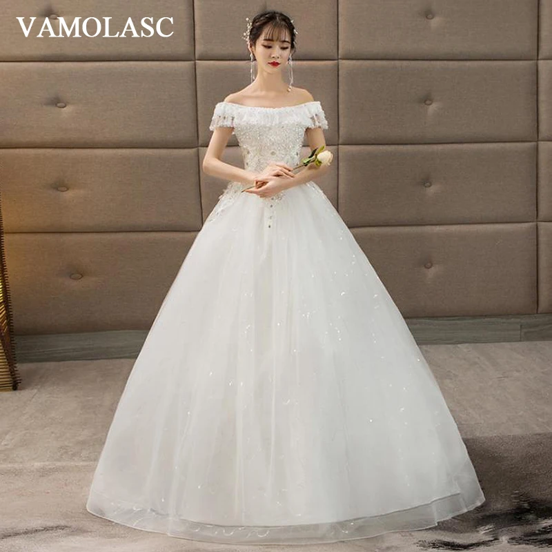 

VAMOLASC Pearls Boat Neck Lace Ball Gown Wedding Dresses Crystal Off The Shoulder Tulle Backless Bridal Gowns