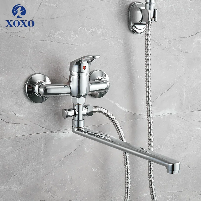 30cm Outlet Pipe Bathtub Shower Faucet Chrome with Shower Head Bathroom Cold and Hot Water Mixer Tap HB003