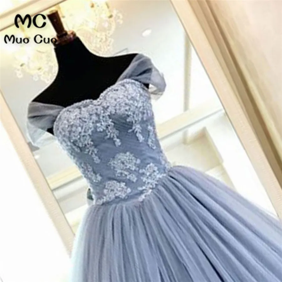 Blue gray tulle high neck cap sleeve long evening dress, long formal prom gown with appliqués4