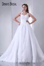 2017 Real Fotos Halter Appliques del A-Line Vestidos de Novia Palabra de Longitud Capilla de Tren de Largo Vestidos de Novia