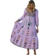 Vestido de mujer de algodón bordado Floral Maxi vestido con cuello en V borla de manga larga vestidos de verano blanco Vintage Boho Chic vestido de mujer