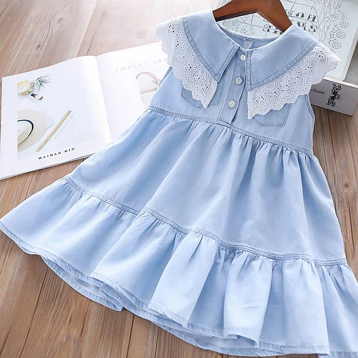 

5188 Lace Denim Turn-down Collar Princess Baby Girl Dress Summer Wedding Party Kid Dress For Girl Wholesale baby girl clothes