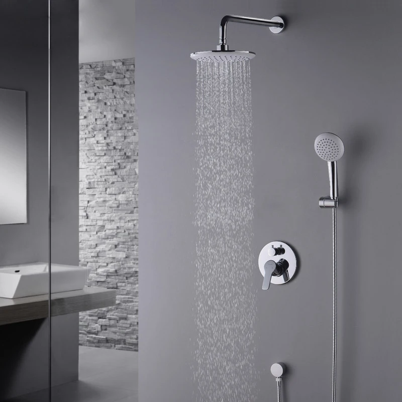 

Shower Faucets Chrome Wall Mounted Bathroom Faucet Set Rainfall circular Shower Head Handheld Valve Bath Mixer Tap Bathroom Taps