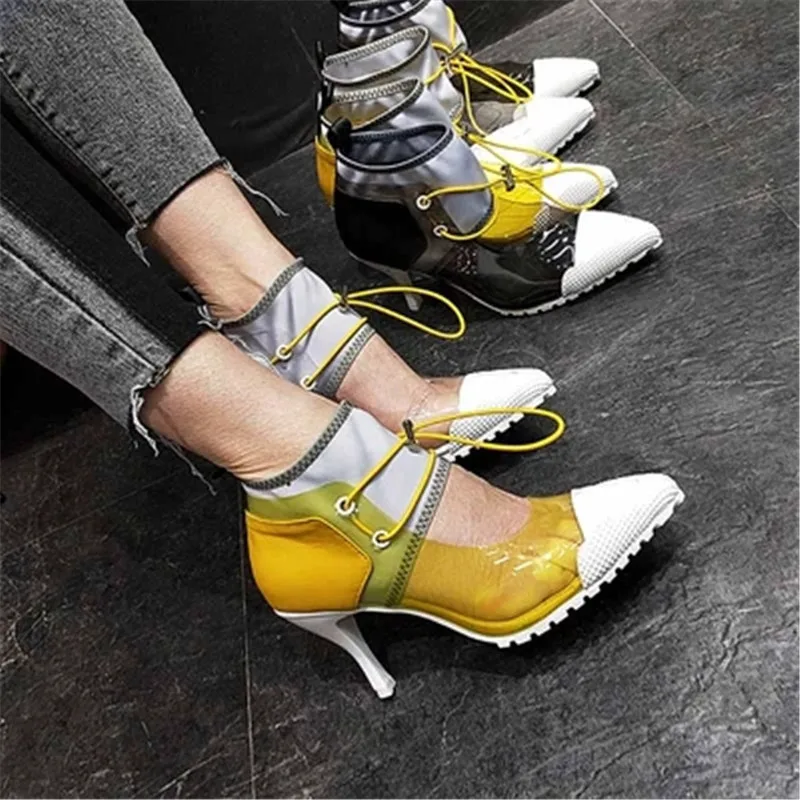 

Women Pumps European High Heels 8.5CM Mesh Casual Candy Color Pointed Toe Women Shoes Bovine Skin With Rubber Singles Shoes