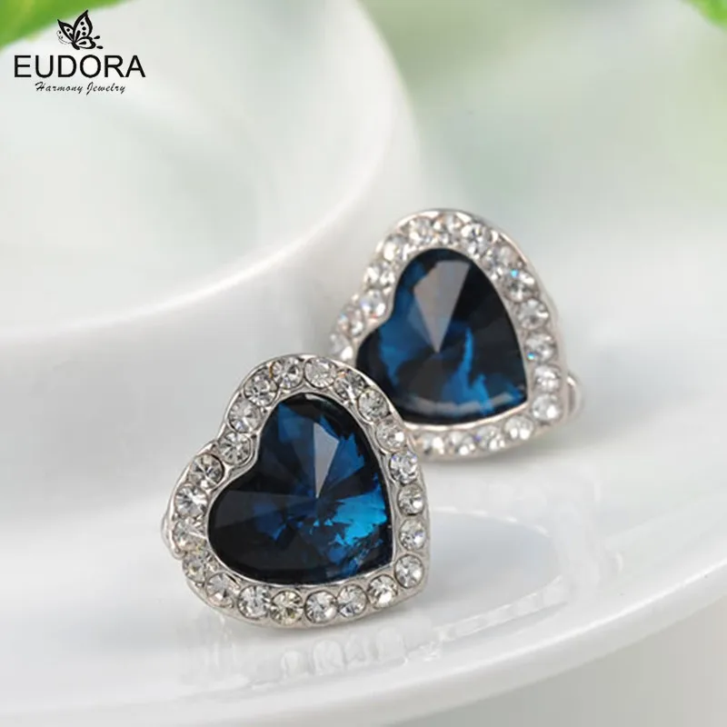 

Eudora Heart Ocean Blue Women's Earrings Blue Zircon With Micro Paved CZ Ear Stud Earring For Women Jewelry