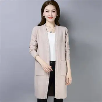 

2019 New Spring Autumn Women Korean Style V-Neck Knitted Long Cardigan Sweater Female Loose Outerwear Open Stitch Coat K130