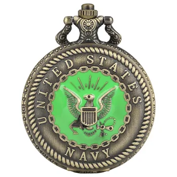 

United State Navy Theme Quartz Pocket Watch Bronze Steampunk Pendant Watches Fob Chain Arabic Numbers Display Retro Clock