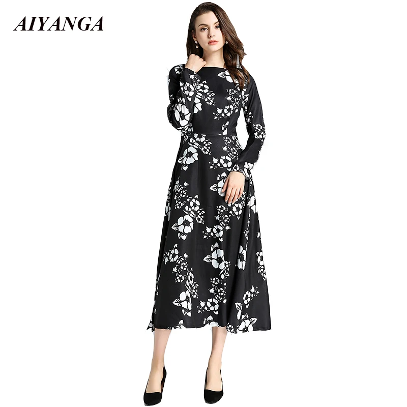 European And American Style Print Dress Women 2018 Autumn Winter Long