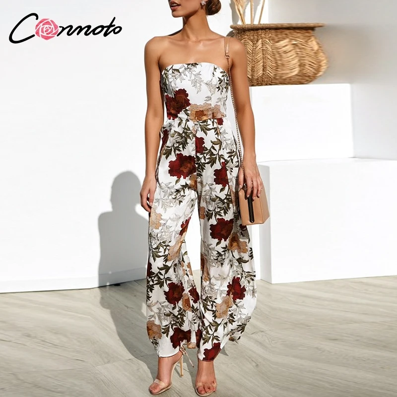 Conmoto, без бретелек, Feminino,, Летний комбинезон, Цветочный, Boho, пляжный комбинезон, широкие, длинные, с открытой спиной, комбинезоны, комбинезоны