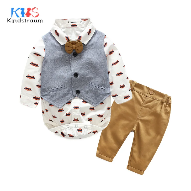 

Kindstraum Toddler Boys Gentleman Suits 3pcs Cartoon Printed Shirt Romper+Vest+Pant Brand Baby Kids Wedding Clothing Sets, MC937