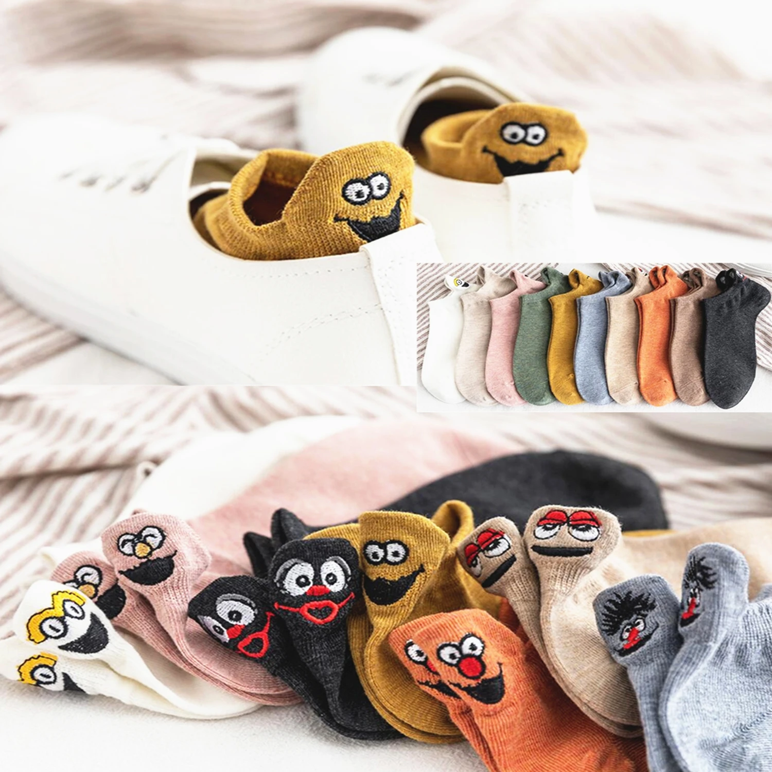 

Sock Women Socks 5Pairs Kawaii Embroidered Expression Women Sock slippers Fashion Ankle Funny Socks Women Cotton Various Colors