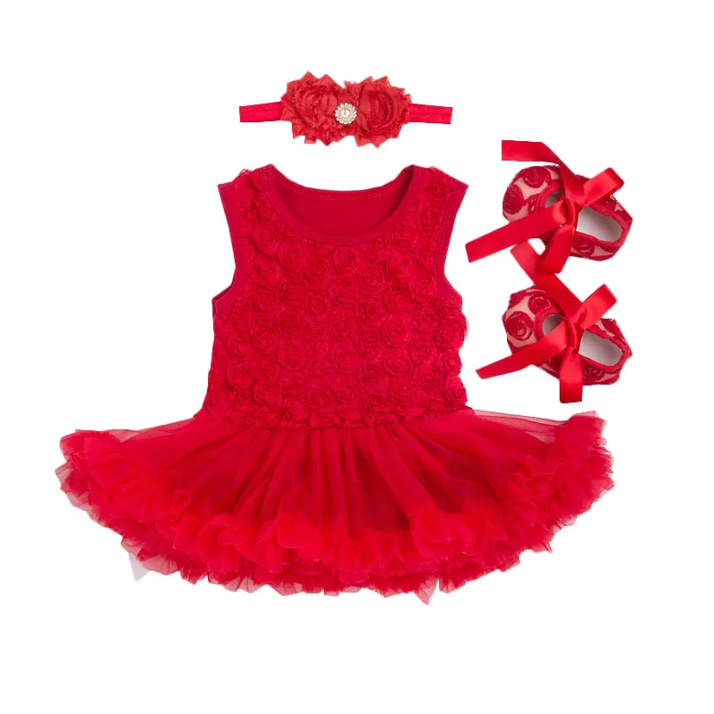 Новые детские комплекты с платьем для девочек, боди красного цвета с оборками, платье-пачка+ туфли+ повязка на голову, 3 предмета, Одежда для младенцев летняя одежда