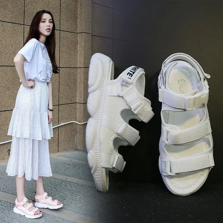 Толстые сандалии на платформе 2019 г. новые летние корейские босоножки женские римские сандалии на плоской подошве с открытым носком и