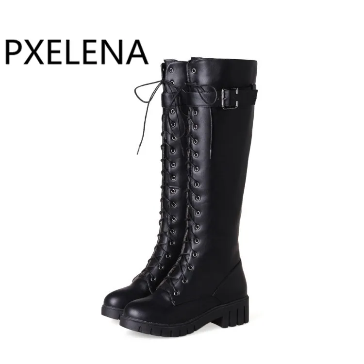 

PXELENA Vintage Riding Knight Knee High Boots Women Buckle Lace Up Square Med Heels Military Combat Biker Long Boots Ladies Shoe