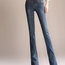 Хлопковые расклешенные брюки для женщин повседневные джинсы из денима плюс размер осень весна Высокая талия полная длина для похудения пояса kpro604