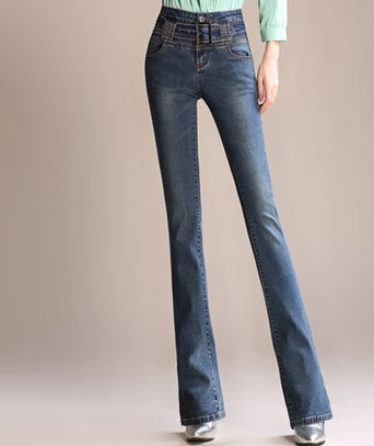 Хлопок Flare Штаны для женщин джинсы повседневные Большие размеры Осень-весна высокой талией Полная длина для похудения пояса kpro604