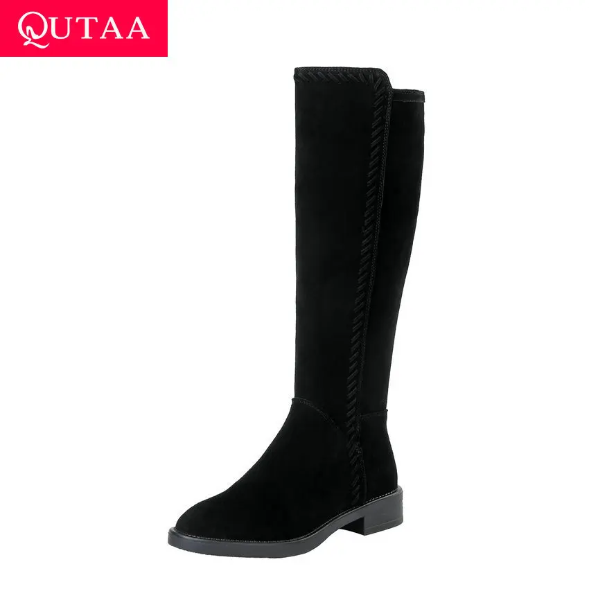 

QUTAA 2020 Cow Leather Cow Suede Winter Fashion Knee High Boots Square Low Heel Round Toe Zipper Warm Fur Women Shoes Size 34-40