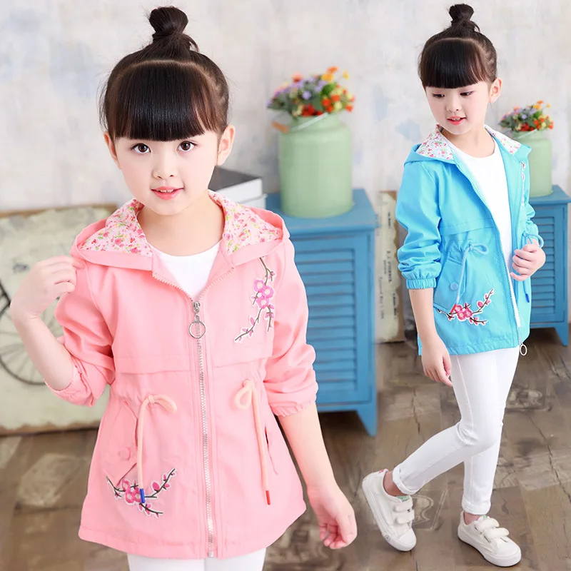 

Girls' Jackets 2019 New Fashion Girls Embroidered Flowers Hooded Casual Jacket Windbreaker