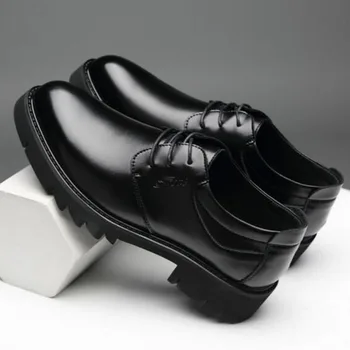 Мужская весенне-осенняя кожаная обувь, увеличивающая рост водонепроницаемая кожаная обувь с толстой подошвой, дышащая нескользящая обувь