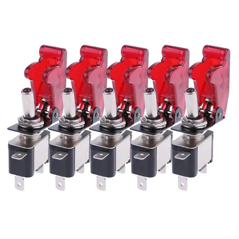 5pcs 12V 20A LED Light Red Cover Racing Car SPST Rocker Toggle Switches