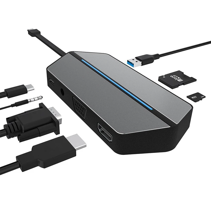 USB C концентратор 8 в 1 usb-хаб 3,0 Тип C Переходник USB C 3,0 USB-C to VGA HDMI 3,5 мм аудио разъем CF/SD/TF слот для карты для ноутбука Macbook