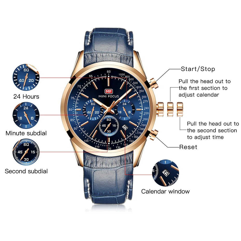 MINIFOCUS повседневные спортивные часы для мужчин Топ бренд класса люкс кожаный ремешок наручные часы Мужские часы модные хронограф кварцевые часы