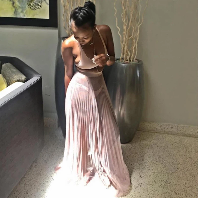 

Summer Women Tulle Skirt High Waist Pleated Skirt Transparent Mesh Long Skirts Female Beach Skirts Womens Bridesmaid Covers
