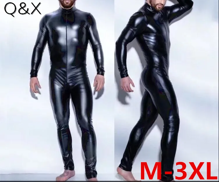 

SZ86 Plus Size M-3XL Sexy High Quality Men Catsuit Faux Leather Front Zipper Crotch 2018 Bodysuit Fetish Costume Erotic Lingerie