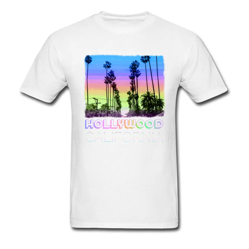 Printing Pure Cotton Tshirts for Men Short Sleeve Printed T Shirt Designer April FOOL DAY O-Neck T Shirt Design Hollywood California Palm Trees Fun Neon Retro Design white