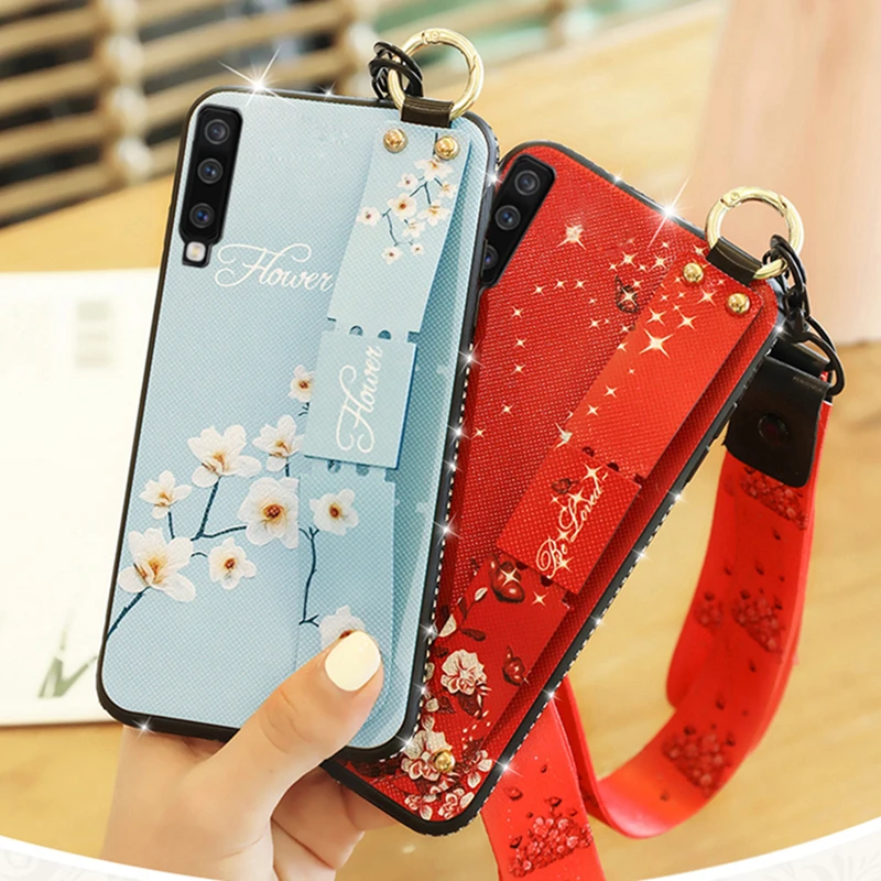 

For Samsung Galaxy A7 A6 A5 A8 2018 Soft silicone Case Floral Strap stand For Samsung a7 A6 A5 A8 Plus 2018 Jewelled Phone Cover