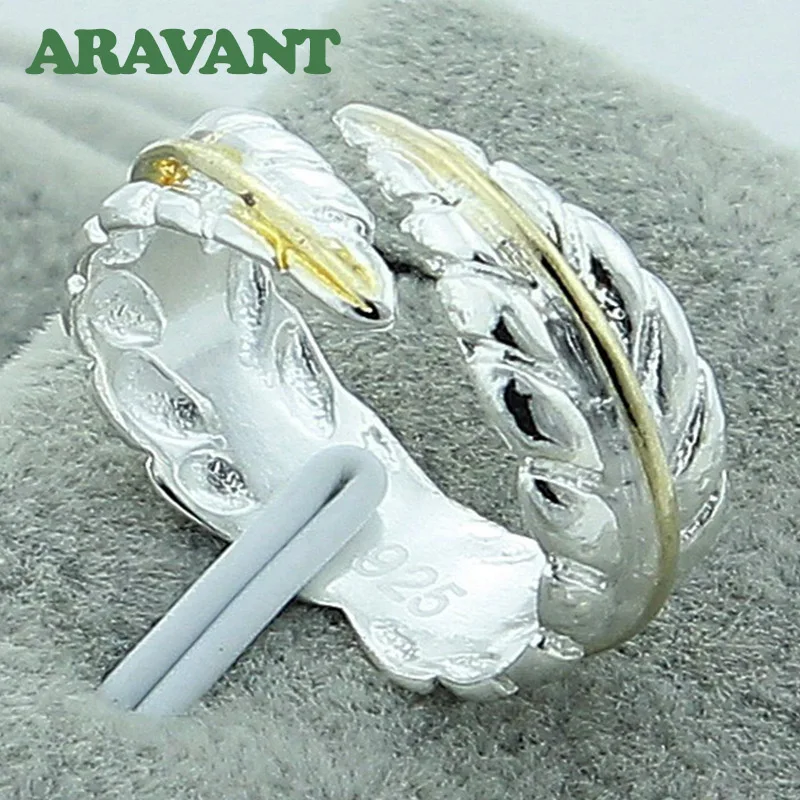 

925 Silver Jewelry Color Feather Open Rings For Women Engagement Fashion Jewelry