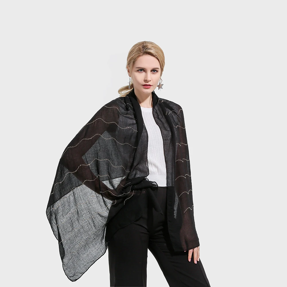 

Winfox 2018 New Black Navy Grey Plain Color Wave Rhinestone Scarves And Shawls Shimmer Muslim Hijab Foulard Women Ladies