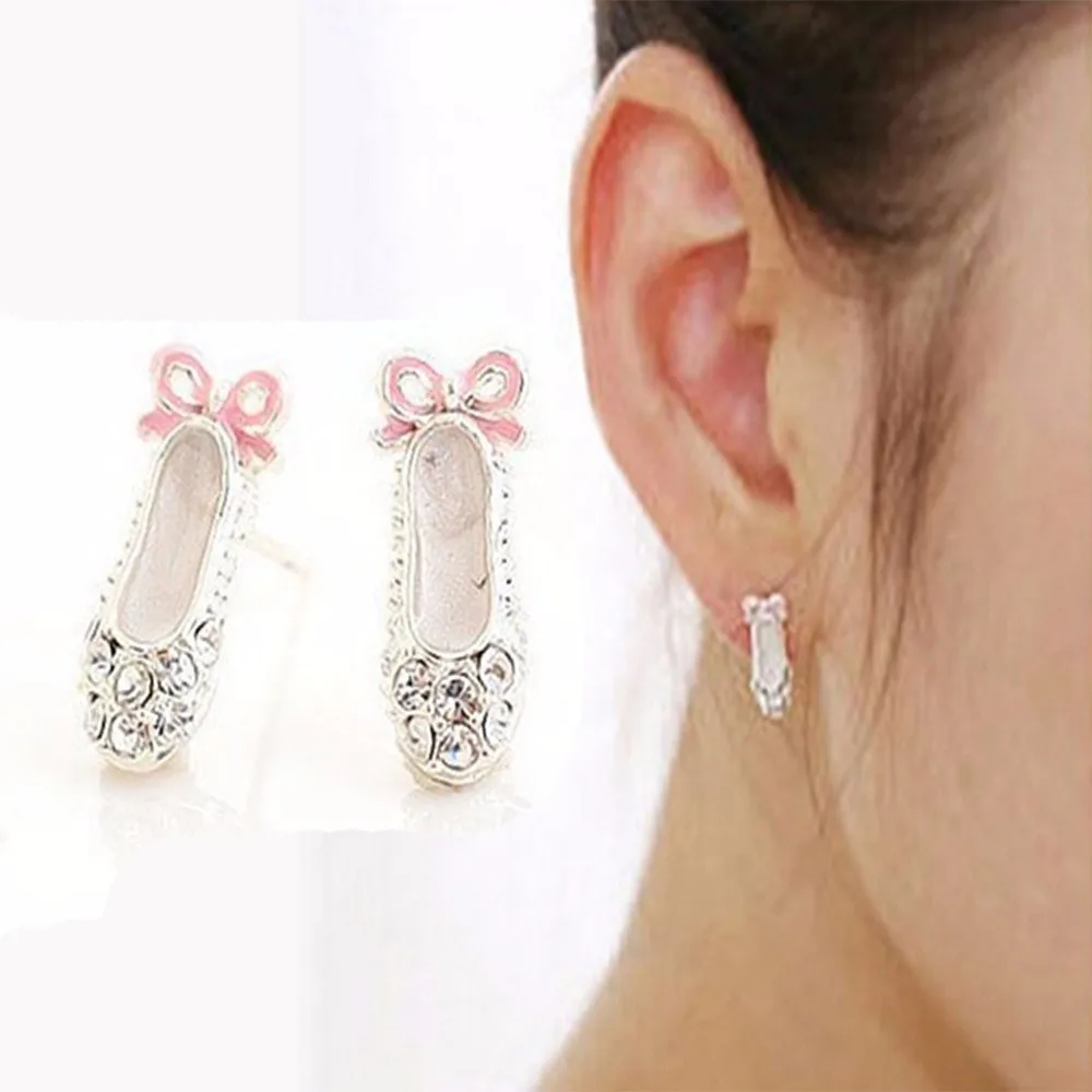 New Sweet Jewelry Women Luxury Bowknot Rhinestone Earrings Ballet Shoes