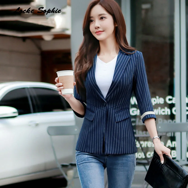 

1pcs Women's Plus size Slim fit Blazers coats 2019 Autumn cotton blend stripe Small Suits jackets ladies Skinny Blazers Suits