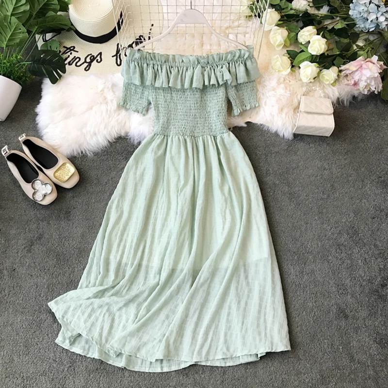 

FMFSSOM Women Sexy Off Shoulder Dress 2019 New Summer Ladys Slash Neck Short Sleeve High Waist Medium Long Dresses