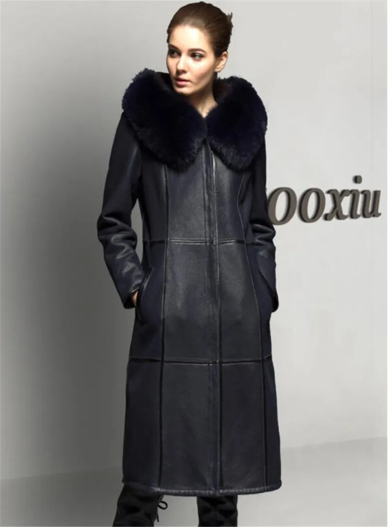 Овчина мех вместе пальто для женщин Зимняя утепленная натуральная кожаная куртка воротник из лисьего меха с капюшоном топы женские из натуральной кожи пальто - Цвет: BLACK