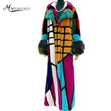 M. Y. FANSTY зимняя импортная норковая шуба женская шуба с лисьим рукавом и отложным воротником в стиле пэчворк контрастных цветов X-Long норковая шуба