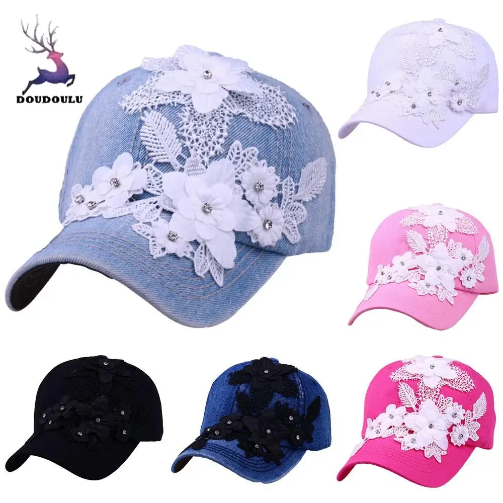 

DOUDOULU girl baseball cap summer Adjustable Flower With Lace Rhinestone Denim Baseball Mesh Cap Hat gorros animados #30