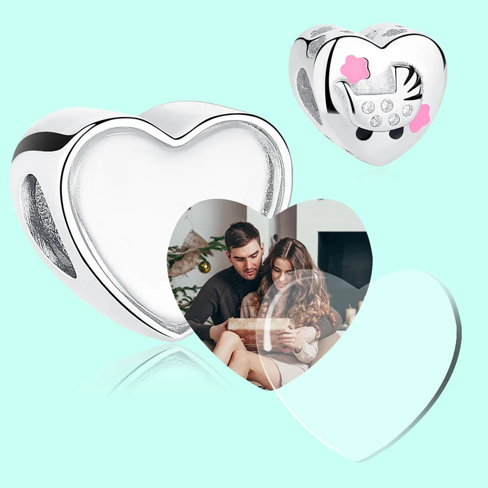 ELESHE 2019 New Personalized 925 Sterling Silver Heart Charms Fit Original Pandora Bracelet Customized Photo Beads DIY Jewelry