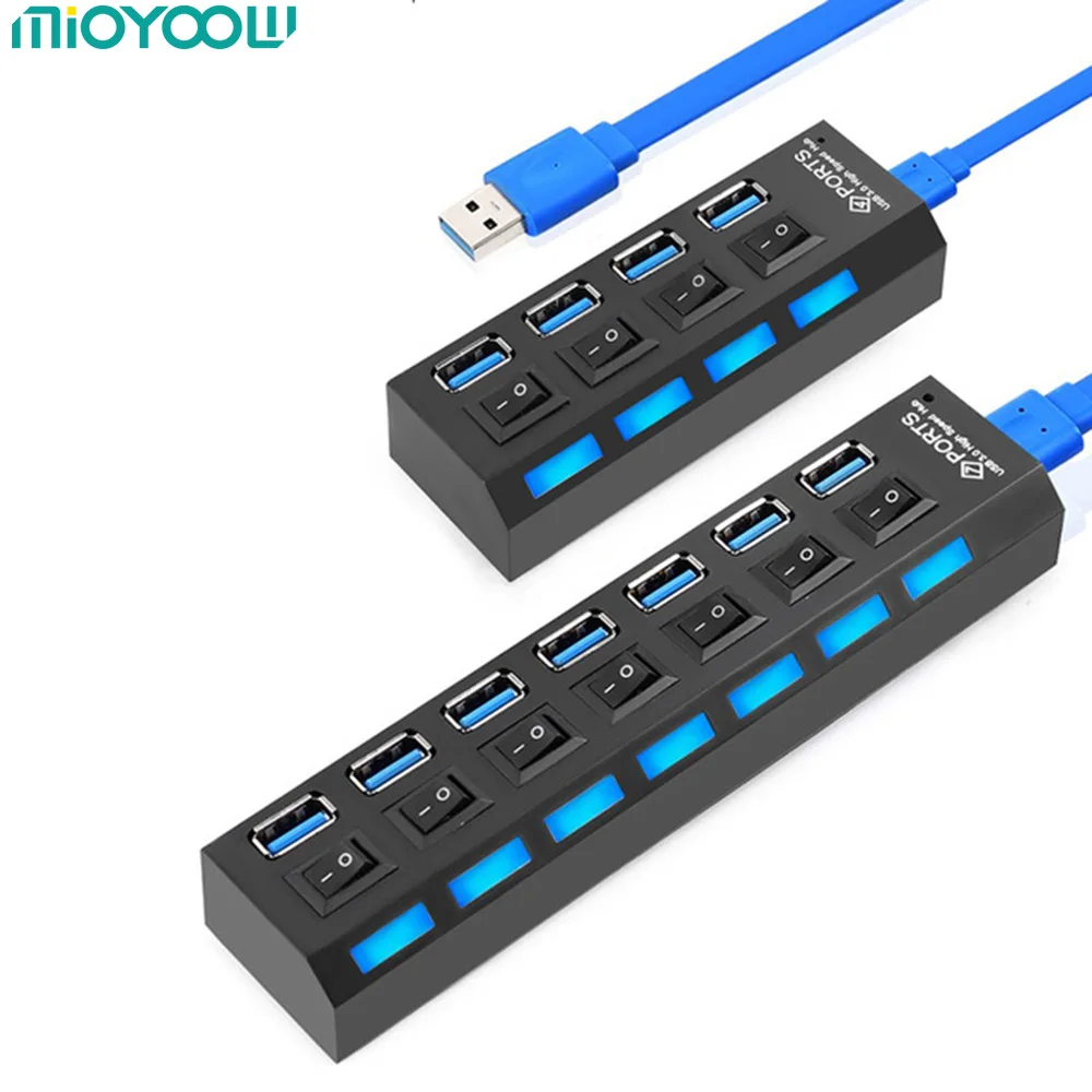 online De alta Velocidade USB 3.0 HUB 4 7 Portas Mini Portátil USB 5 5gbps Hub com On Off Interruptor de Luz Azul Splitter Cabo Adaptador Para PC Laptop